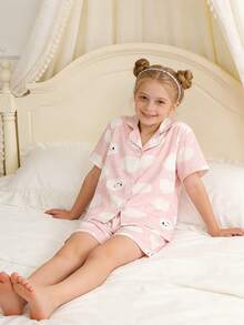 2pcs/Set Girls' Cute Elegant Pink Cloud Cartoon Print Cardigan Short Sleeve Pajama Set,Light Pink,Summer,Cute,Graphic,Home Wear,Sleep Homewear - Baby Pink - View 9