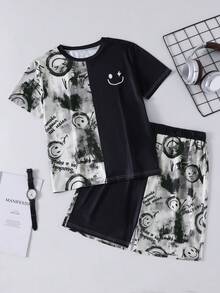 SHEIN Coolqubz Tween BoyLoose Casual Vacation Asymmetrical Striped Short Sleeve T-Shirt And Woven Shorts 2 Pieces Set - Black - View 4