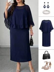 Modelyn Plus Size Elegant Party Solid Color Ruffle Trim Camisole & Dress 2-Piece Set - Navy Blue - View 1