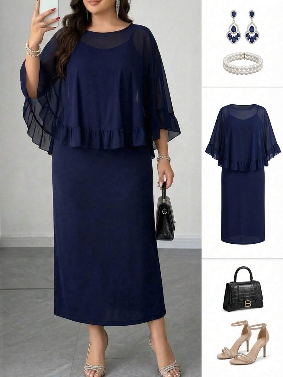 Modelyn Plus Size Elegant Party Solid Color Ruffle Trim Camisole & Dress 2-Piece Set - Navy Blue - View 1