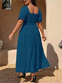 Auvina Plus Size Women's Solid Color Sweetheart Neck Short Sleeve Elegant Dress - Teal Blue - View 2