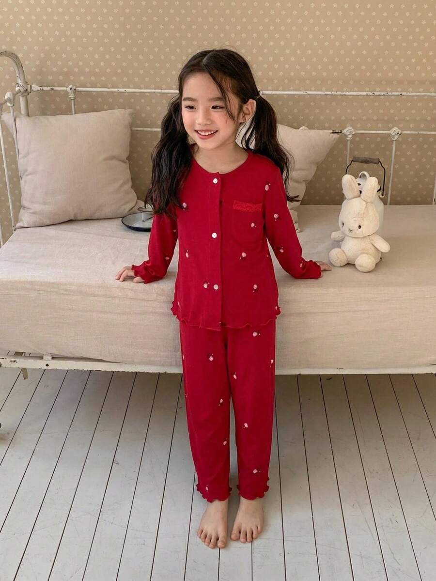 Dazy Kids 少女極簡印花長袖上衣與長褲家居服套裝,秋季 - 紅色 - 查看 1