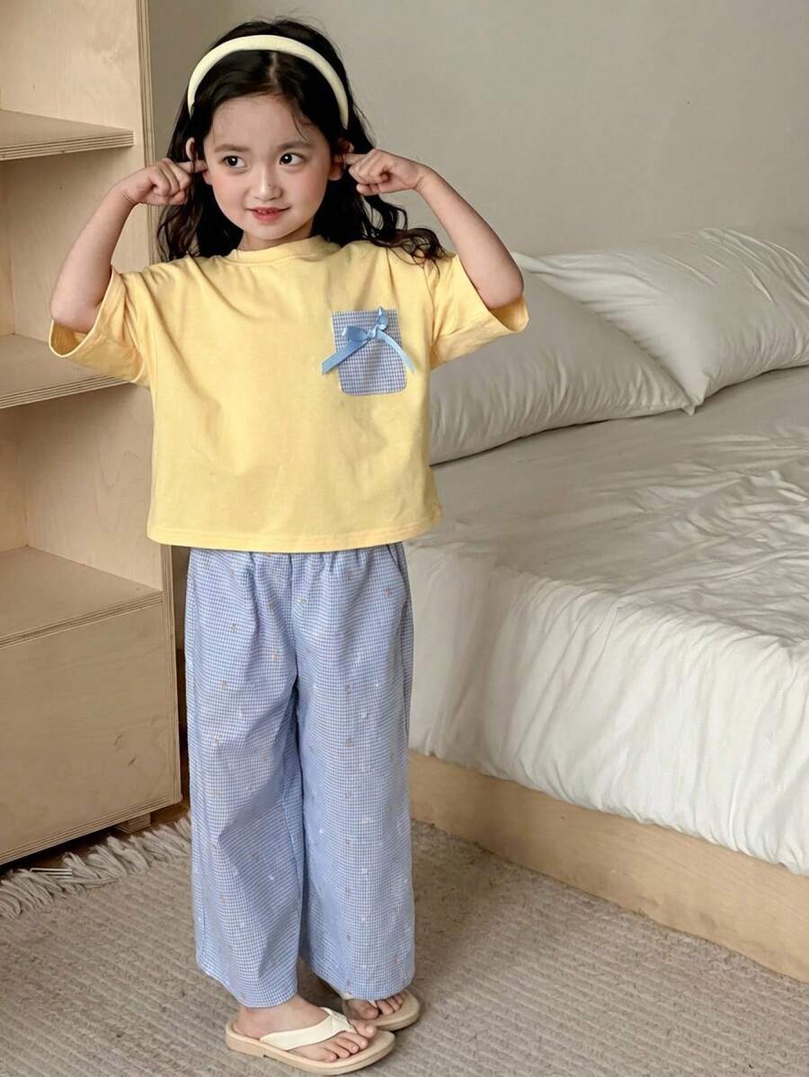 Dazy Kids 少女圓領針織滿版印花短袖T恤 + 滿版印花長褲睡衣套裝,夏季 - 藍色 - 查看 1