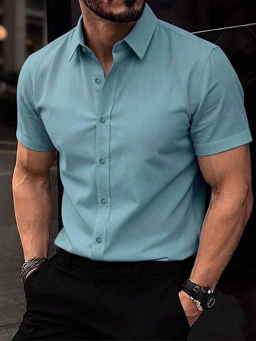 Calvornis Men's Casual Business Commute Solid Color Short Sleeve Shirt, Versatile For Summer, Formal Ceremony - Green - View 1