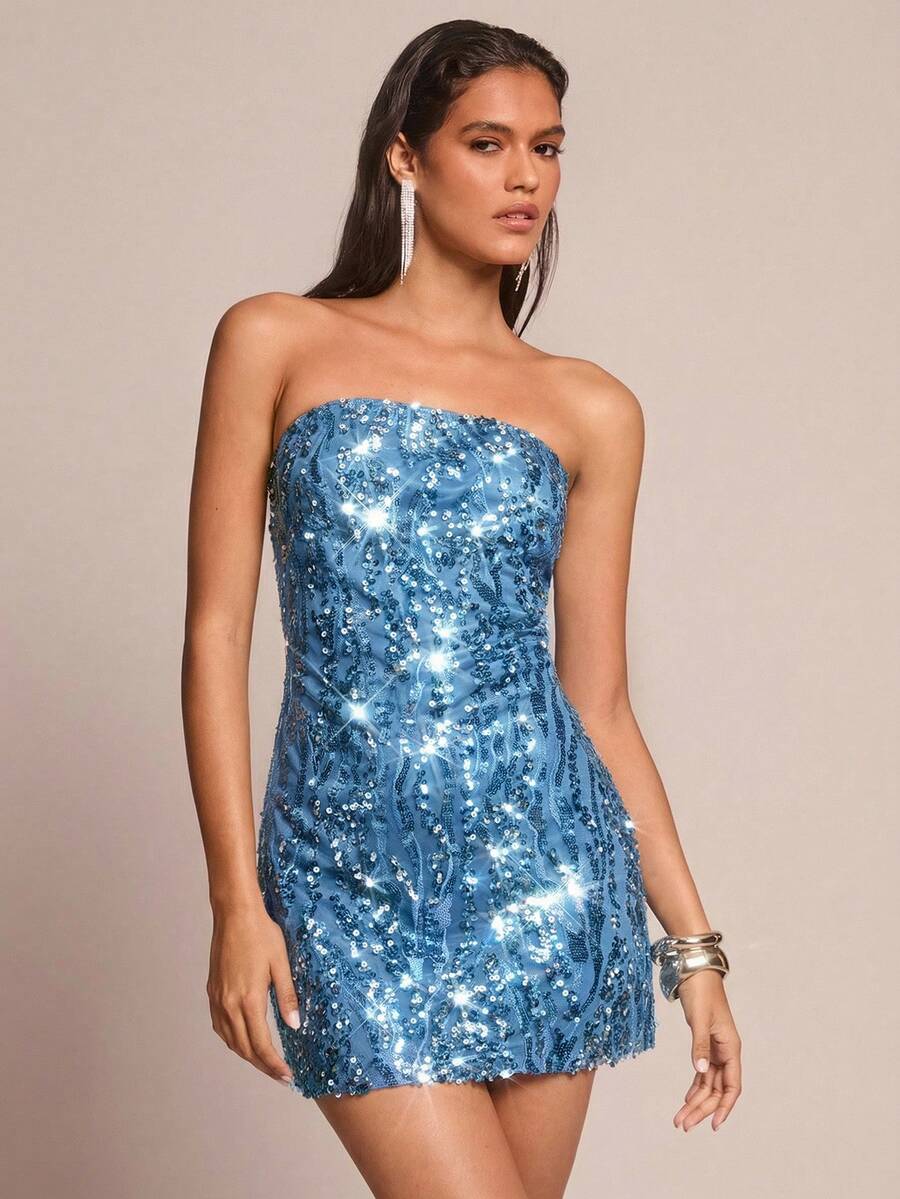 Glamine 女士亮片拼接纯色无肩带迷你连衣裙 - 淺藍色 - 查看 1