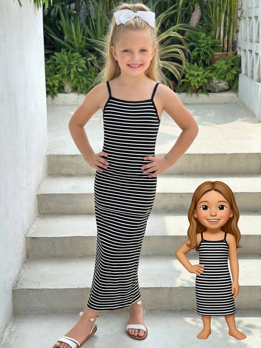 Emery Rose Kids Emery Rose Kids 女童条纹针织休闲吊带裙 - 黑色 - 查看 1