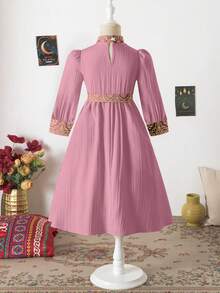 少女刺绣腰带优雅长袖连衣裙，充满中东风情 - 彩色 - 查看 2