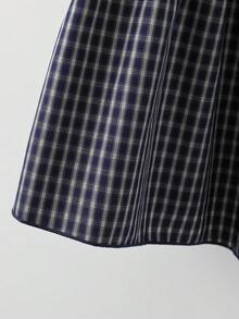 Sweetra 蝴蝶结，度假，夏季女装，秋季日系甜美可爱格子衬衫新款小码学院风减龄显瘦小号格子娃娃衫女短款夏季新款圆领蝴蝶结宽松蓬蓬蛋糕衬衫 - 藏蓝色 - 查看 5