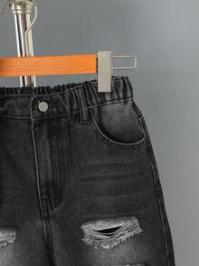 Conjunto de chaleco vaquero con capucha y pantalones cortos desgastados estilo cargo lavado para niño preadolescente - Negro - Ver 3