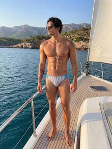 Manfinity Swimmode Quần bơi tam giác kẻ sọc dáng casual dành cho nam - Màu xanh lam - Xem 4