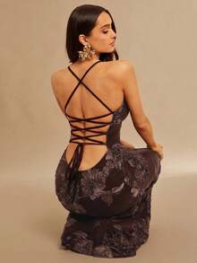 Silquee Váy dệt kim Jacquard thanh lịch - Cà phê nâu - Xem 7