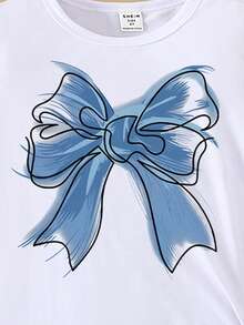 Spring/Summer Girls' Casual Fashionable Creative Fresh Simple Blue Floral Print Basic White Short-Sleeve T-Shirt, Comfortable For Everyday Wear - White - View 7