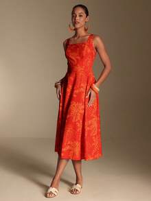 Swim Oasis 热带度假风 | 红色底橙色棕榈树印花方领长裙，适合海滩度假/三亚旅游/音乐节/海滩拍照 - 彩色 - 查看 5