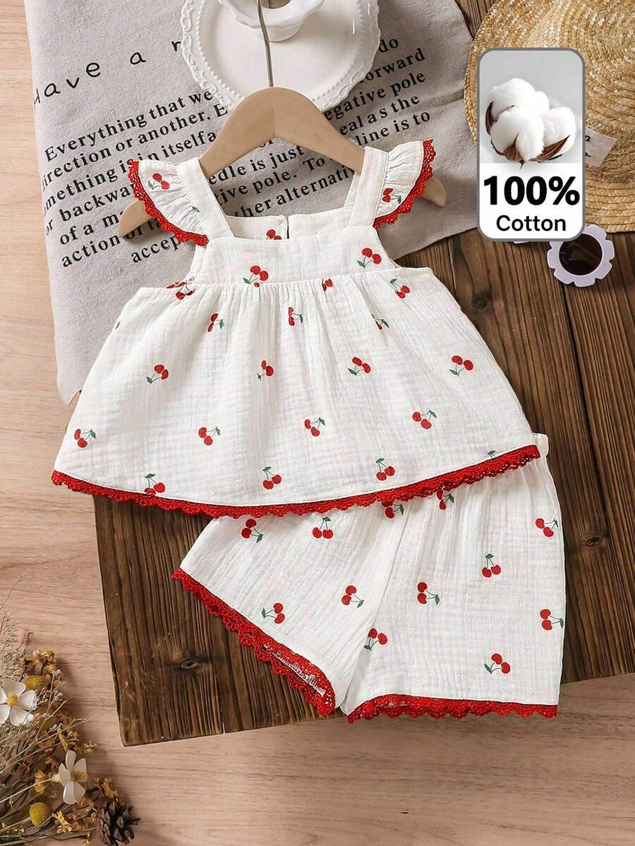 LMoss Kids Bộ đồ 2 món cho bé gái, gồm áo vest và quần short dệt kim cổ vuông, viền bèo nhún, in hình quả anh đào. - Nhiều màu - Xem 1