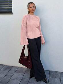 Jeta Ari 秋冬款宽圆领喇叭袖收腰褶皱衬衫 - 粉色 - 查看 6