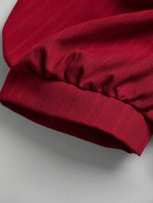 少女优雅休闲街头提花纹理方领泡泡袖连衣裙，酒红色，春夏款 - 酒紅色 - 查看 6