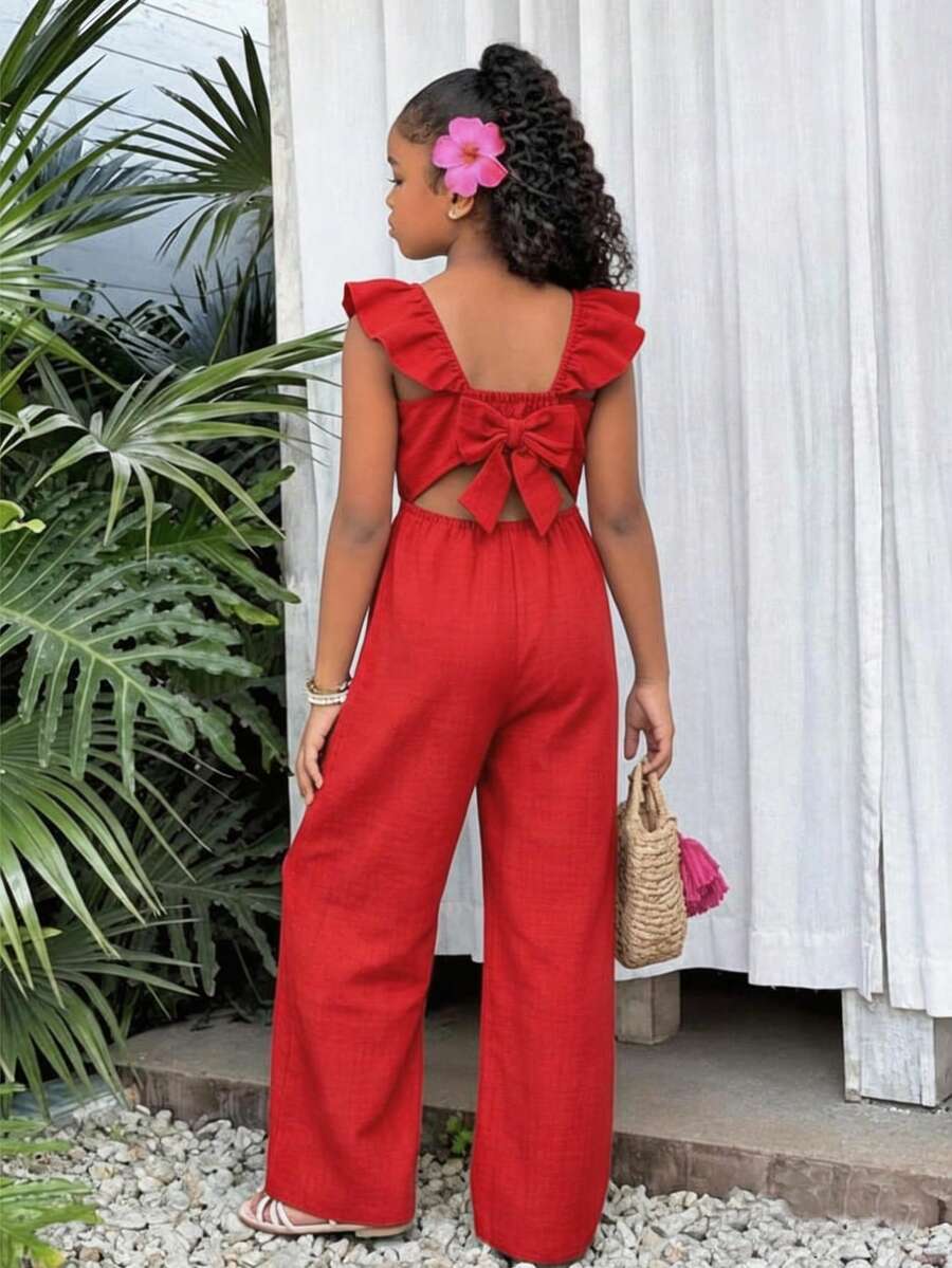 SHEIN Sparklyn Tween Girls Sweet Elegant Jumpsuit, Single Piece With Hollow Back, Decorative Bow, Ruffle Sleeves, Suitable For Daily, Casual, Vacation, Party, Beach In Spring/Summer - Red - View 1