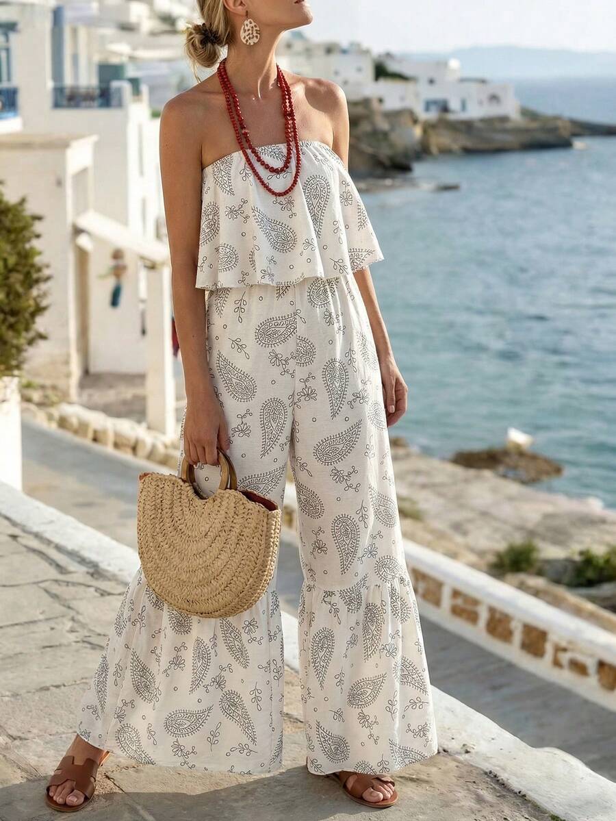 SHEIN Holidaya Bộ jumpsuit nữ dáng suông, không dây vai, họa tiết hoa paisley, bèo nhún, ống rộng, thích hợp cho kỳ nghỉ hè. - Màu be - Xem 1