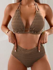 Swim Basics Bộ bikini họa tiết trơn màu dành cho nữ, kỳ nghỉ hè & bãi biển - Cà phê nâu - Xem 2