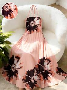 Lyxana Women's Floral Print Ruched Halter Backless Dress, Fashionable For Dates And Parties - Multicolor - View 7
