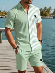 Manfinity RSRT Bộ áo sơ mi ngắn tay và quần short nam phối màu tương phản, kiểu dáng thường ngày. - Nhiều màu - Xem 5