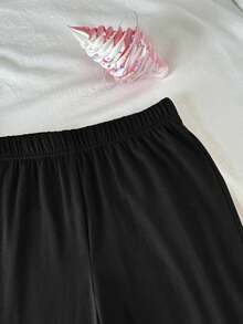 Kids/Tween Girls' Rose Decor Ruched Off-Shoulder T-Shirt & Matching Solid Color Leggings Set, Black, Spring/Summer - Black - View 5