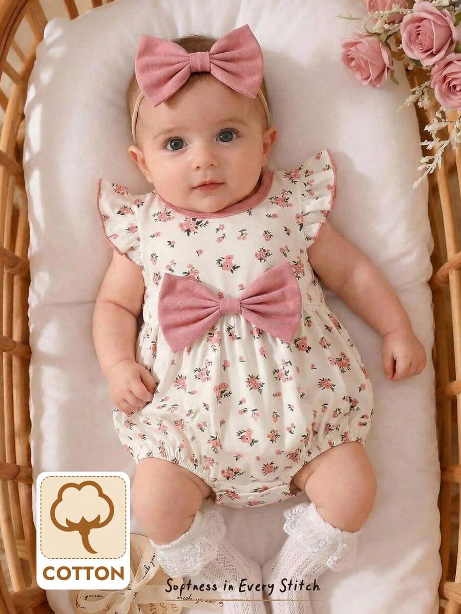 Cozy Pixies Baby Mädchen Blume Muster Kontrast Farbe Schleife Rundhals ärmelloses Romper - Pink - Übersicht 1
