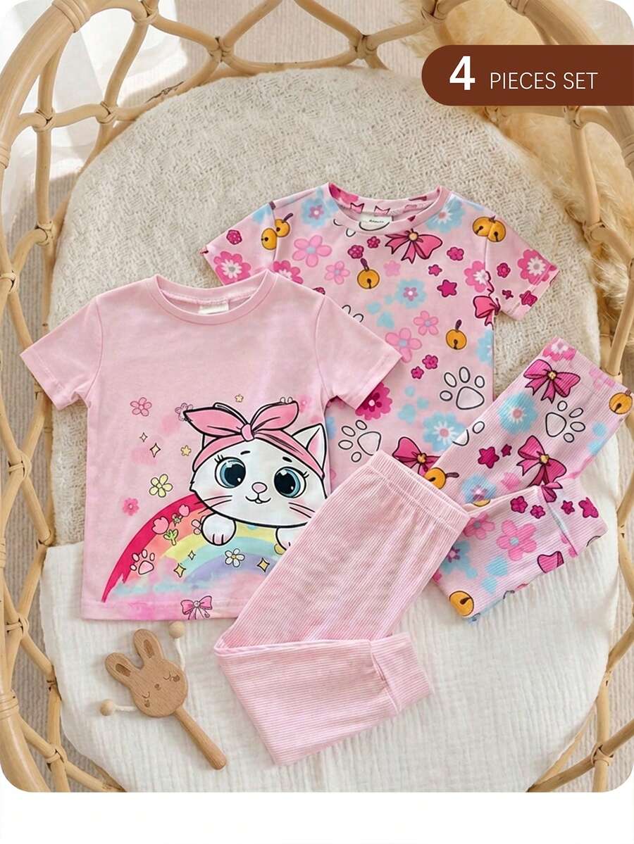 SHEIN 4件套 Dozemod 儿童女童休闲简约修身圆领短袖上衣和裤子家居服套装，卡通图案，适合春夏穿着 - 淺粉色 - 查看 1