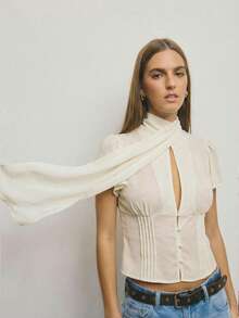 Aralina Lightweight Woven Fabric High Neck Scarf Detail Button Front Fitted Silhouette Summer Going Out Tops Cute Top - Beige - View 4