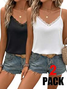 EMERY ROSE Camiseta de tirantes de talla grande para mujer con parches de encaje de unicolor - Albaricoque - Ver 1