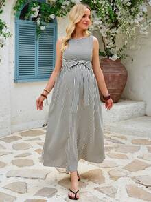 SHEIN 孕妇无袖圆领露背纽扣腰带A字条纹连衣裙 - 黑與白 - 查看 4