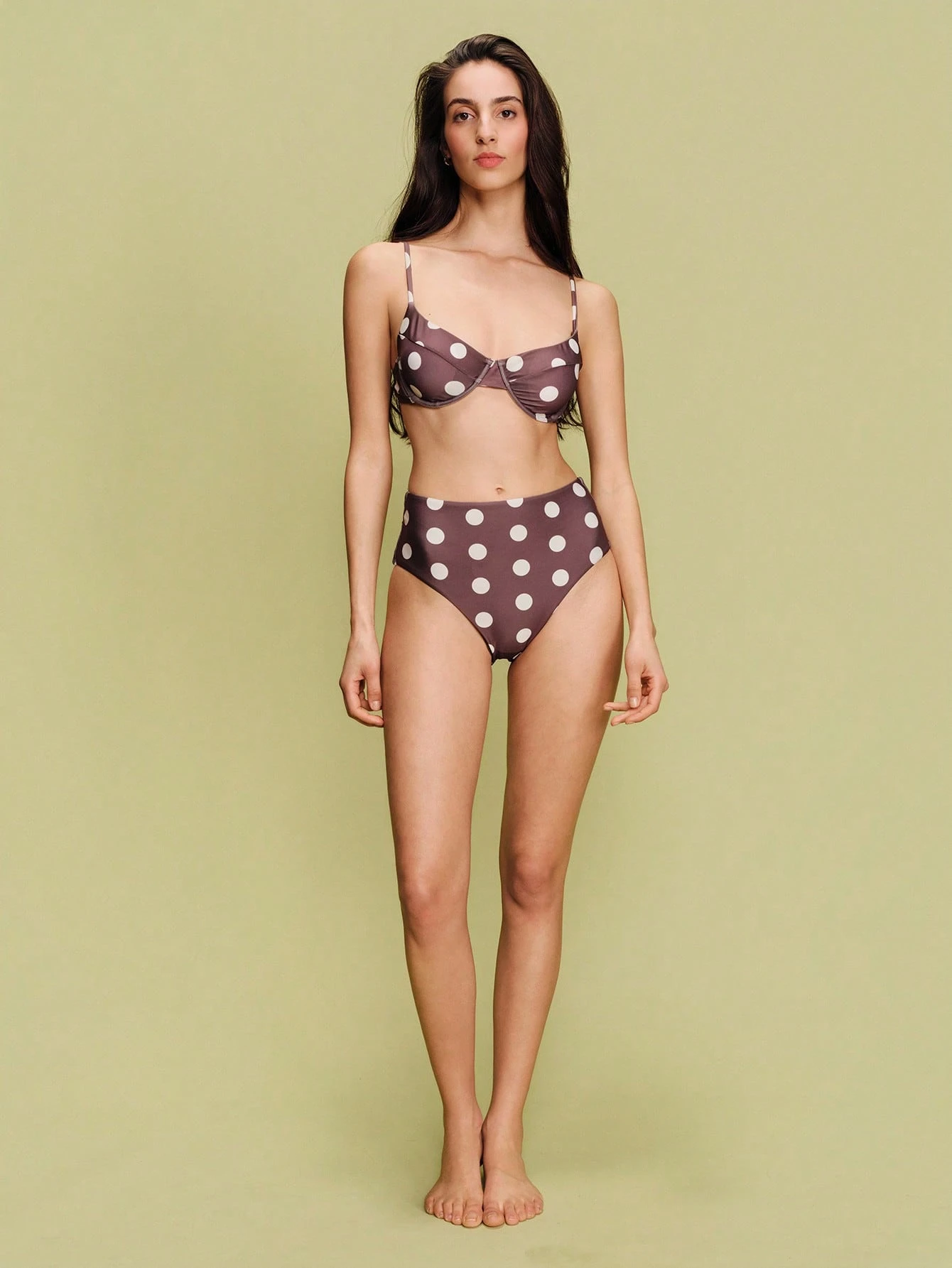 Brown Bikini Set With White Polka Dots And High-Waisted Bottoms Polkadot Swimwear Two Pieces Swimwear Vintage Beachwear Spring Summer French Style Parisian Style