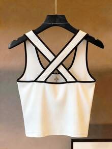 Franclia Women's White And Black Knitted Ribbed Vest,Summer Seksi Chic Crossover Y2K Top For Night Out,Elegant Casual Color Blocking Ribbon Decoration Tank - White - View 3