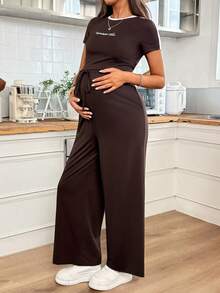 SHEIN Bộ đồ bầu 2 món gồm áo thun ngắn tay và quần dài thêu chữ, thích hợp cho mùa hè. - màu nâu - Xem 6
