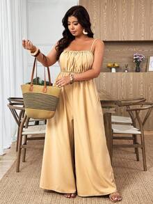 Weeklong Mono de pierna ancha con diseño de cintura fruncida - Caqui - Ver 5