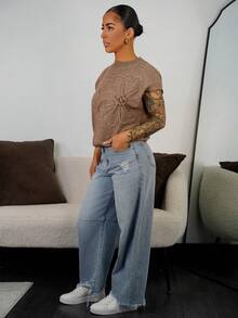 SAYEHFBABY 女士纯色提花短袖针织上衣 - 咖啡棕 - 查看 4