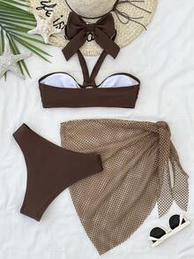 Kids Teen Girls 3 Pieces Tankini Set With Metal Ring Accent,Summer Beach Vacation Holiday Hawaii Coffee Brown Bikini Set With Mesh Cover Up Skirt - Coffee Brown - View 2