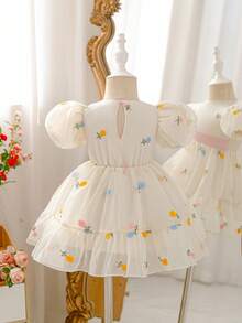 SHEIN Glamorique Kids 女婴优雅杏色刺绣网纱泡泡袖圆领可爱收腰双层荷叶边连衣裙，正式场合连衣裙，女婴派对连衣裙，女婴春季连衣裙，女婴公主裙，女婴派对连衣裙，母女亲子装，母女装，婴儿派对连衣裙，迎婴派对服装 - 杏色 - 查看 2