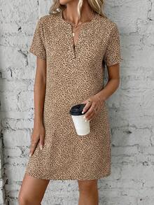 SHEIN LUNE Đầm nữ tay ngắn cổ chữ V in họa tiết da báo, kiểu dáng thường ngày. - Màu Khaki - Xem 5