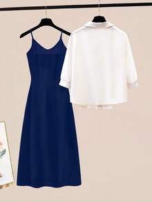 GlowEve 女士纯色简约长袖上衣和吊带裙两件套 - 藏蓝色 - 查看 2