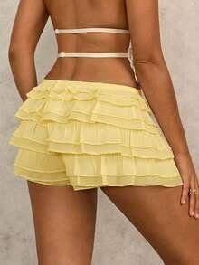 Swim Glamine Women's Solid Color Elastic Waist Ruffle Hem Romper Yellow Ruffle Shorts Ruffles Shorts Frilly Short Yellow Shorts For Women Skorts For Women Co Ord - Light Yellow - View 2
