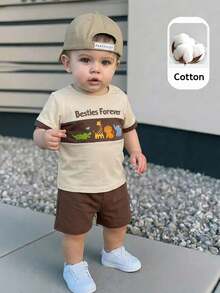 男婴拼接撞色圆领T恤套装，可爱卡通图案和字母，休闲时尚 - 彩色 - 查看 6