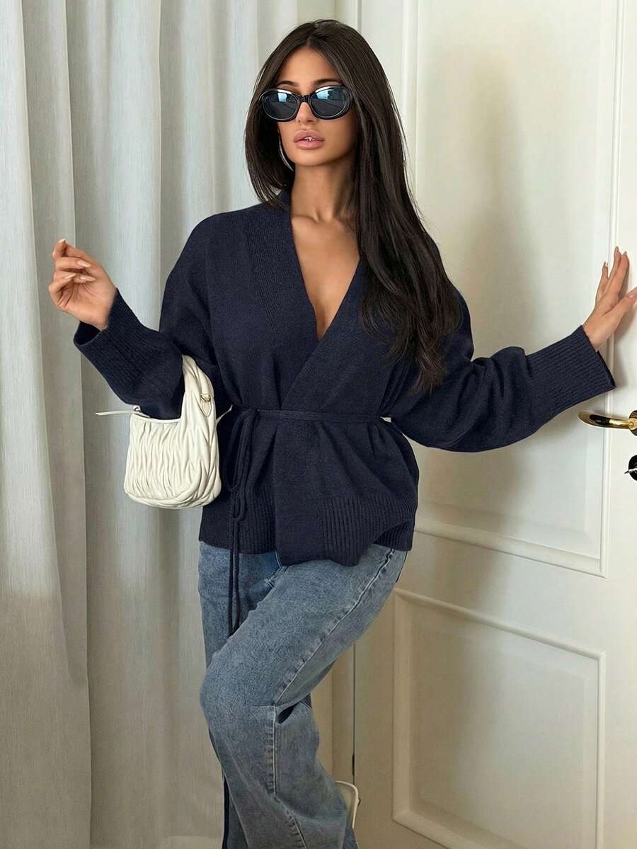 Ronhire Drop Shoulder Belted Cardigan,Long Sleeve Tops Business Casual Woman Work Clothes - Navy Blue - View 1
