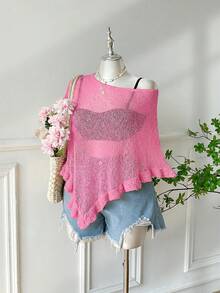 SHEIN EZwear Áo choàng poncho dệt kim mỏng nhẹ, màu xanh lá cây, viền xếp ly, dành cho nữ cỡ lớn, thích hợp cho các buổi đi chơi và hẹn hò mùa hè. - Hồng - Xem 5