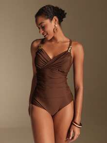 Swim Lushoire Ensemble de camisole et bikini croisé élégant Top de gamme marron 26SS Printemps/Été. Nouvelle arrivée de maillots de bain pour femmes 2026, convenant pour l'école, les vacances, les rendez-vous, le thé de l'après-midi, les voyages en Occident, les road trips, toutes les saisons, les festivals de musique, l'automne décontracté, le style boho occidental. Maillots de bain une pièce avec maintien du ventre, forme du corps, attache dans le dos. - Tabac - Voir 5