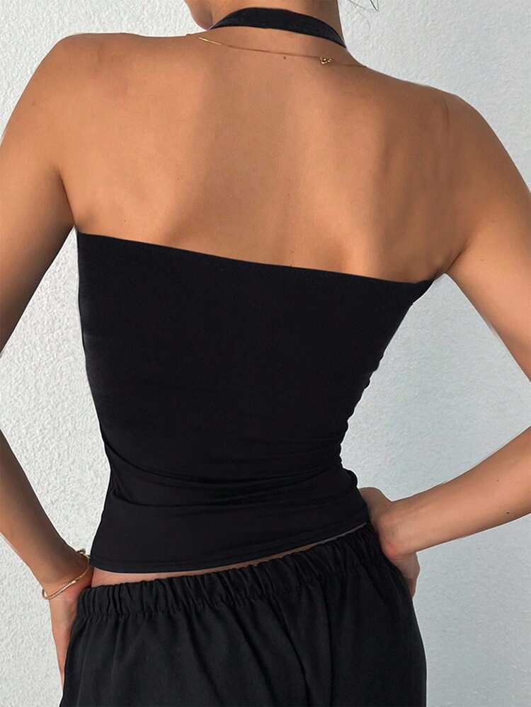 Women's Casual Minimalist Solid Color Backless Halter Neck Slim Fit Tank Top, Suitable For Daily Commute In Summer