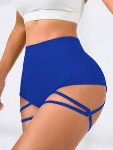 SHEIN Sports 女士纯色镂空设计休闲健身短裤 - 寶藍色 - 查看 6