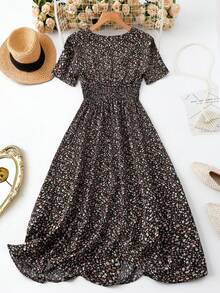 EMERY ROSE Gaun Kasual Lengan Pendek Bermotif untuk Wanita, Desain Acak, Pakaian Maxi Wanita - Hitam - View 2