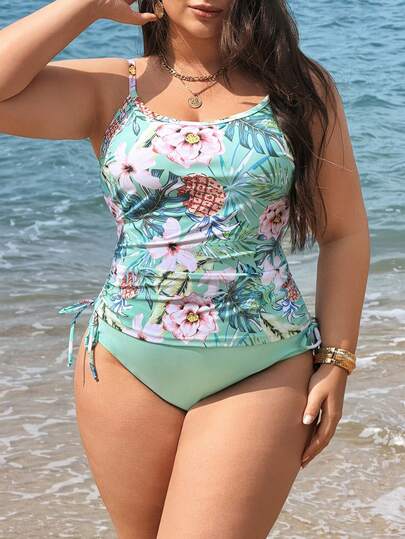Swim Lushoire 2026 Plus Size New Women's Summer Fashion Halter Bikini Set Set, Printed Adjustable Strap Round Neck Slimming Casual Beach Holiday 2 Pieces