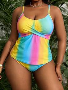 Slaydiva Plus Size Women Gradient Print Casual 2-Piece Tankini Swimsuit - Multicolor - View 3